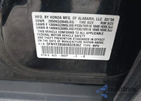 2006 Honda Pilot Ex-L z USA, uszkodzony, nr VIN 5FNYF28586B028362